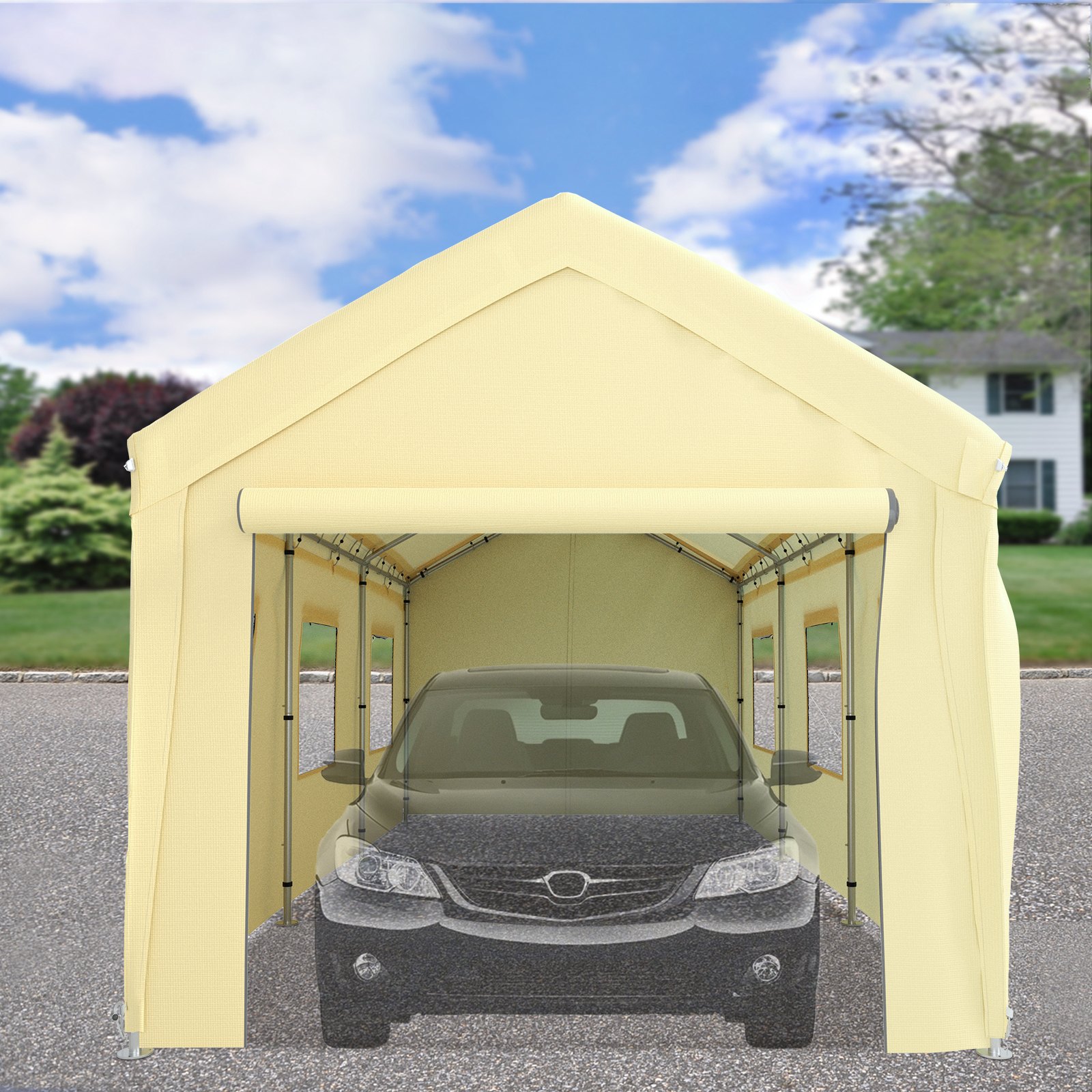 VEVOR 10 x 20 ft Carport Car Canopy, Heavy Duty Garage Shelter with 8 Legs, Removable Sidewalls and Windows, Car Garage Tent for Party, Boat, Adjustable Peak Height from 8.3 ft to 10 ft, Yellow