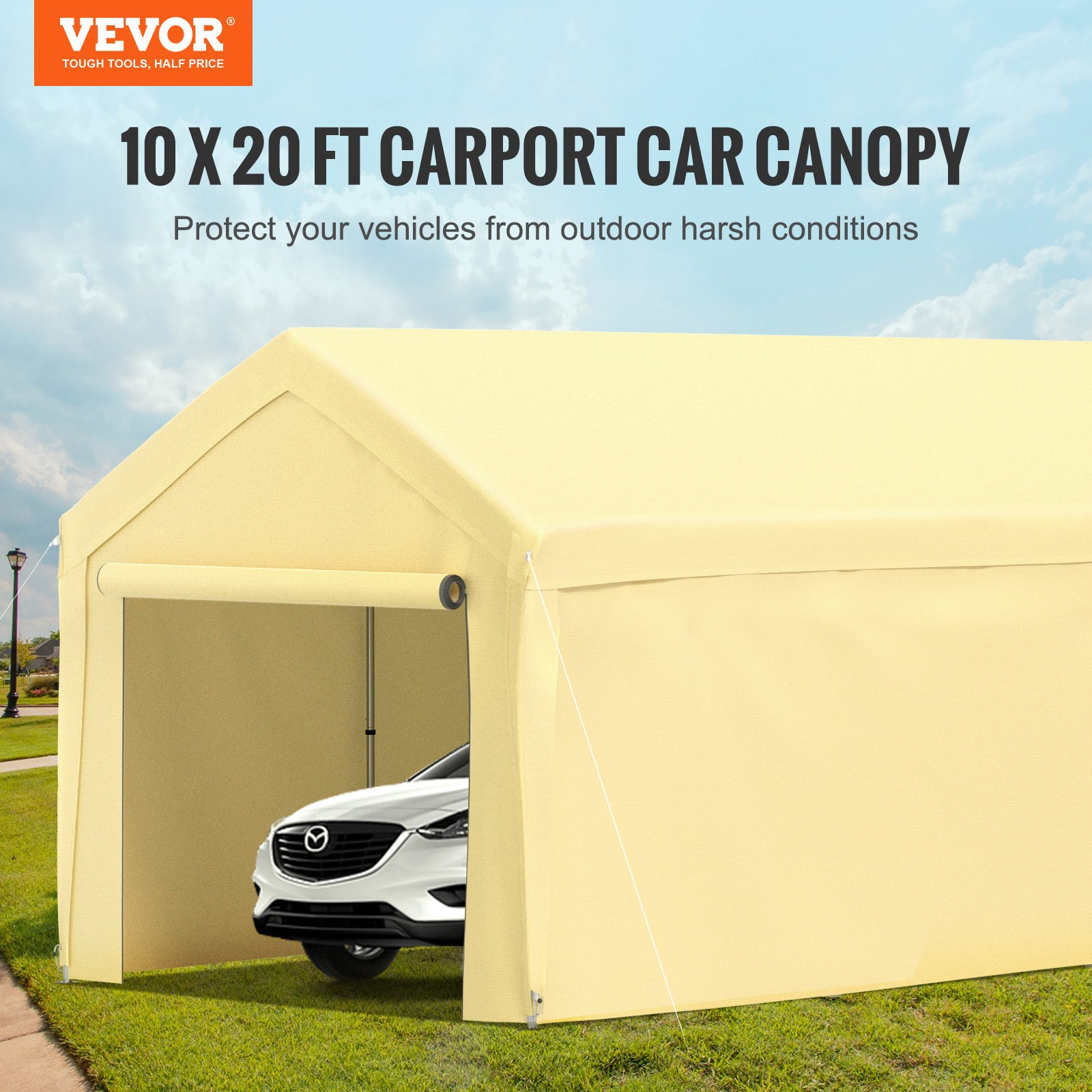 VEVOR carport canopy protecting a white car, offering 10x20 ft shelter from harsh outdoor conditions.