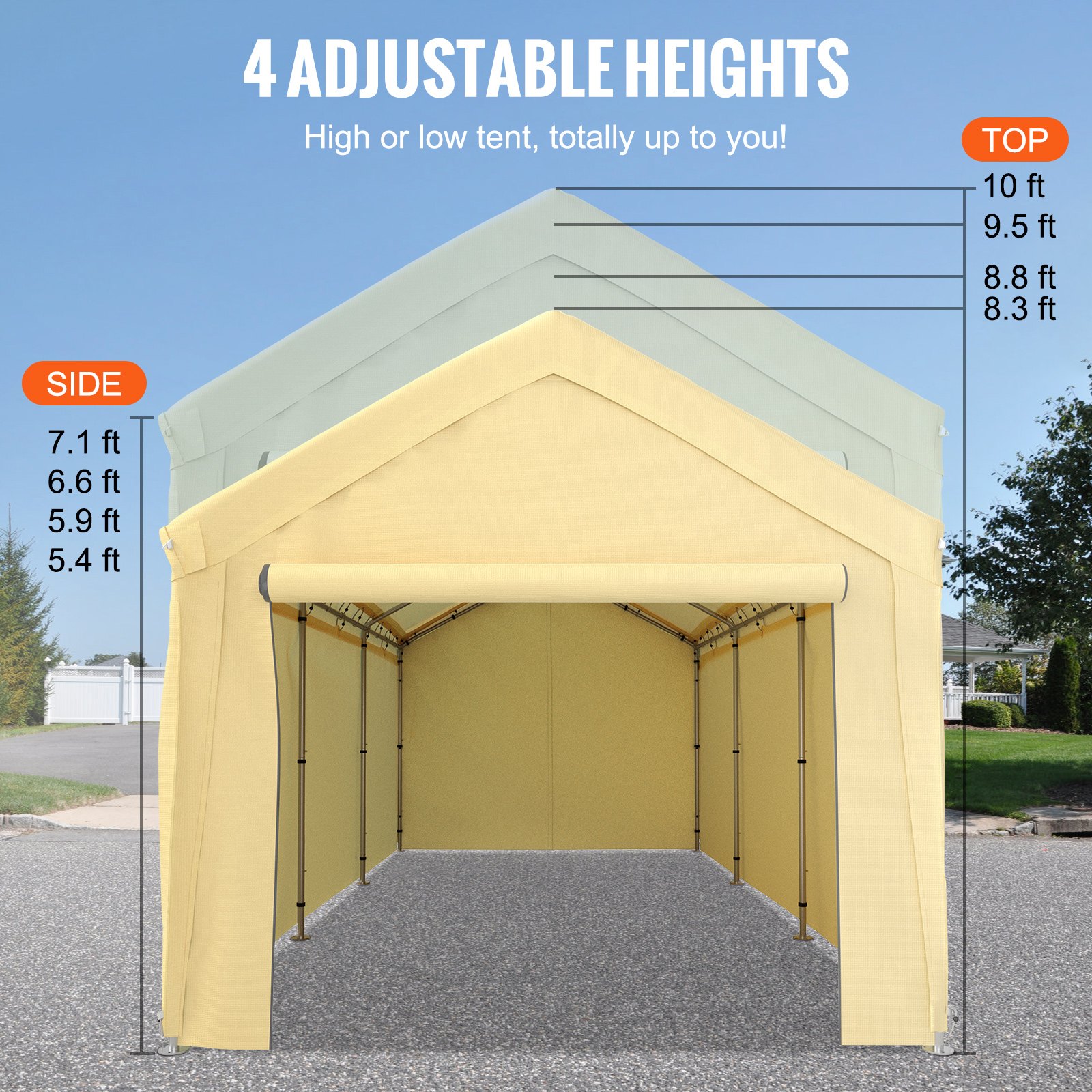 VEVOR carport canopy with 4 adjustable heights, ranging from 5.4 ft to 10 ft, in a suburban driveway.