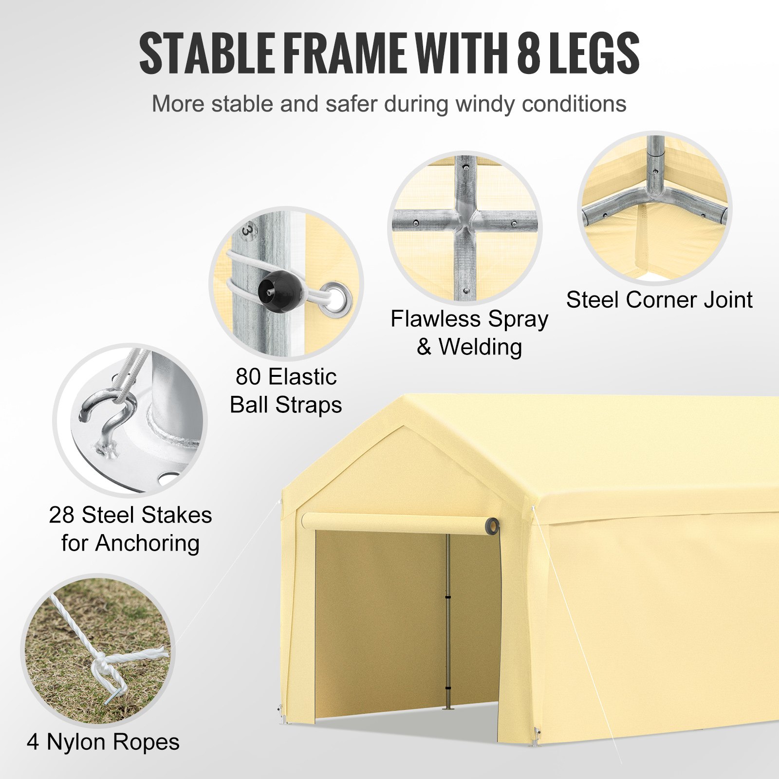 VEVOR carport canopy with stable 8-leg frame, steel corner joints, and 80 elastic ball straps.