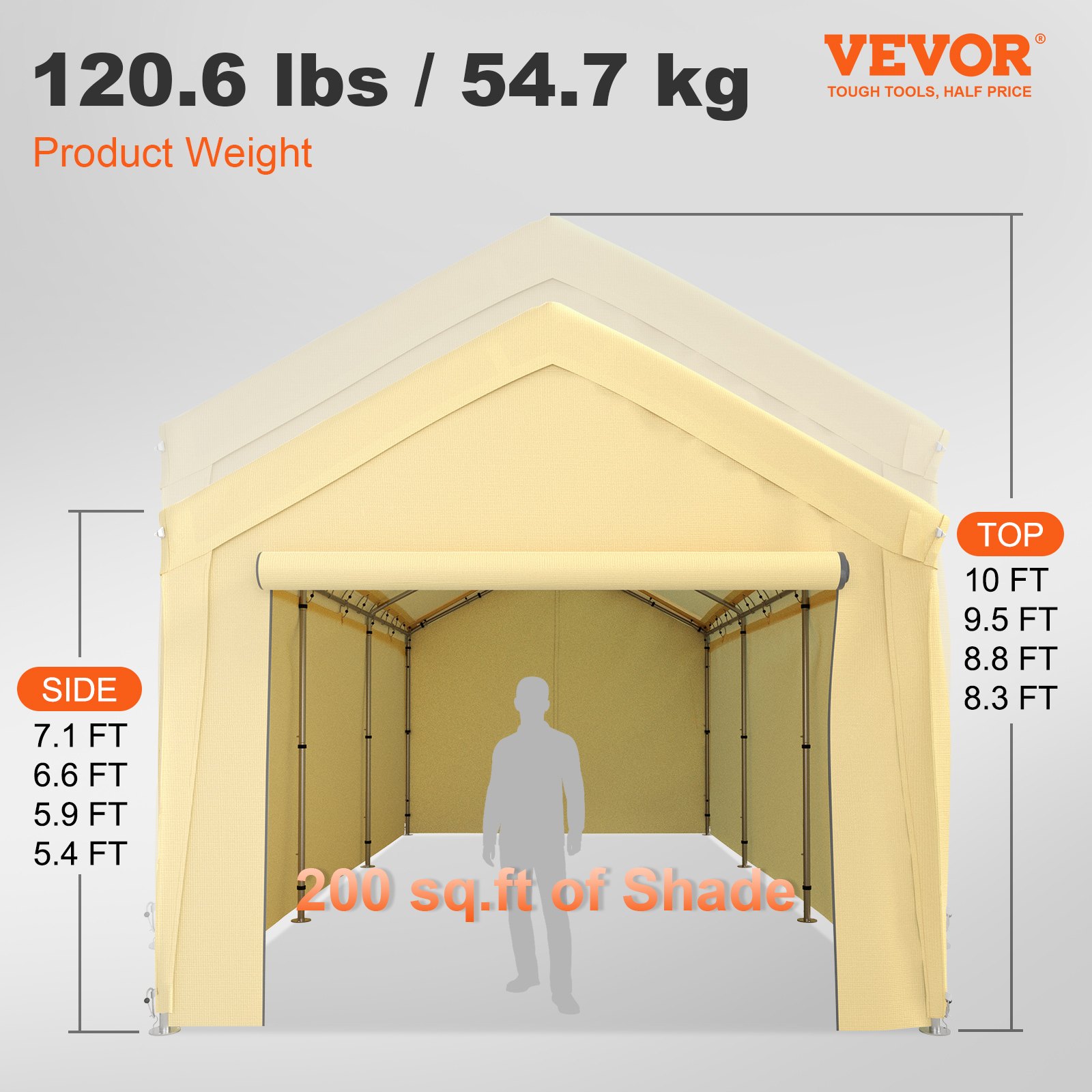 VEVOR carport canopy, 120.6 lbs, 200 sq.ft of shade, dimensions: height 10 ft, width 7.1 ft.