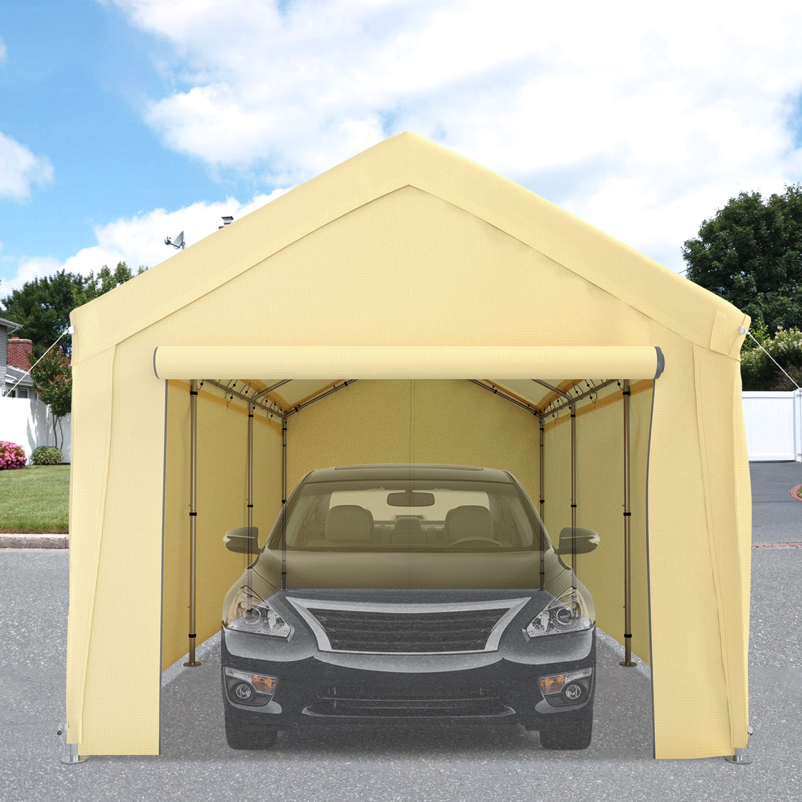 VEVOR carport canopy sheltering a black car on a paved driveway with a clear blue sky background.