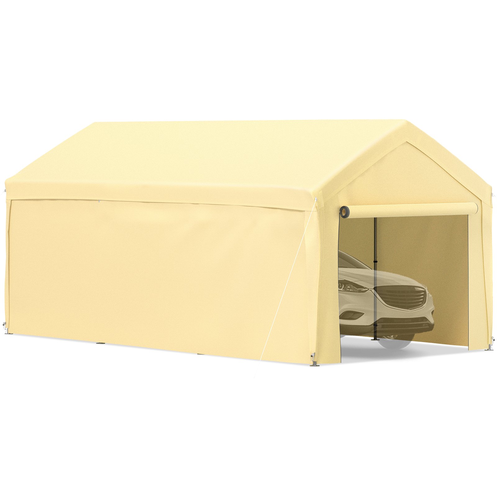 tan-colored VEVOR carport canopy sheltering a car, showcasing durable outdoor protection.