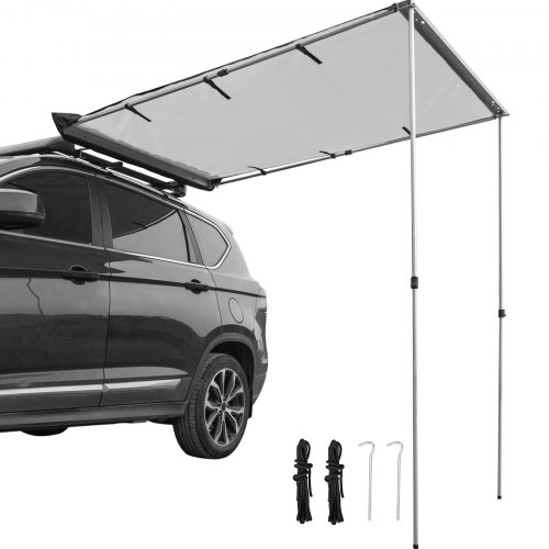 VEVOR Car Side Awning, 6.5'x8.2', Pull-Out Retractable Vehicle Awning Waterproof UV50+, Telescoping Poles Trailer Sunshade Rooftop Tent w/ Carry Bag for Jeep/SUV/Truck/Van Outdoor Camping Travel, Grey