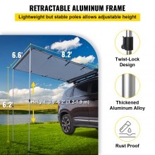 VEVOR Car Awning, 6.6'x8.2' Vehicle Awning, Pull-Out Retractable Awning Rooftop, Waterproof UV50+ Car Side Awning, Telescoping Poles Trailer Tent Shade w/Carry Bag for SUV Outdoor Camping Travel, Grey