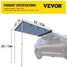 VEVOR Car Awning, 6.6'x8.2' Vehicle Awning, Pull-Out Retractable Awning Rooftop, Waterproof UV50+ Car Side Awning, Telescoping Poles Trailer Tent Shade w/Carry Bag for SUV Outdoor Camping Travel, Grey