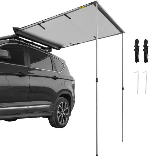 VEVOR Car Side Awning, 8.2'x6.5', Pull-Out Retractable Vehicle Awning Waterproof UV50+, Telescoping Poles Trailer Sunshade Rooftop Tent w/ Carry Bag for Jeep/SUV/Truck/Van Outdoor Camping Travel, Grey