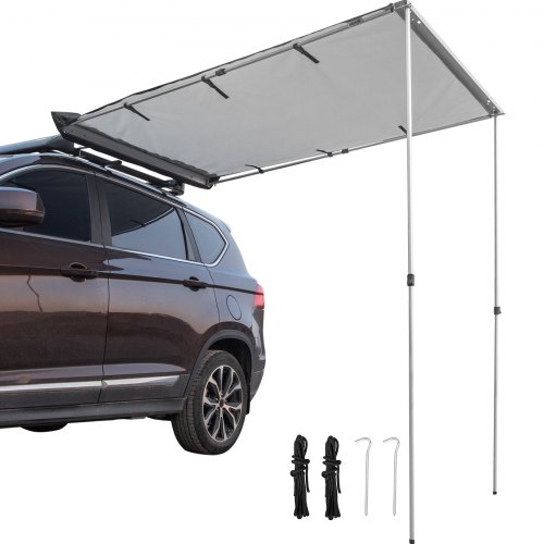 VEVOR Car Side Awning, 5'x8.2', Pull-Out Retractable Vehicle Awning Waterproof UV50+, Telescoping Poles Trailer Sunshade Rooftop Tent w/ Carry Bag for Jeep/SUV/Truck/Van Outdoor Camping Travel, Grey