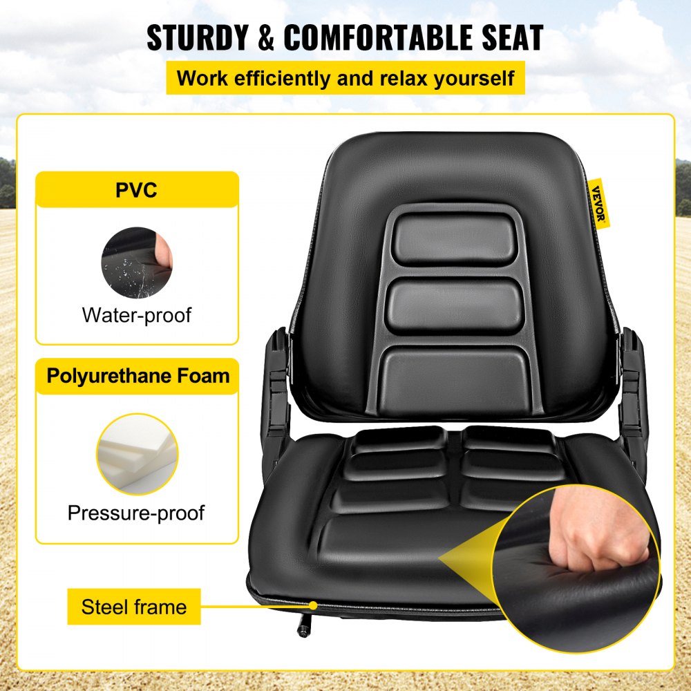 VEVOR Reemplazo universal del asiento plegable de la carretilla elevadora, asiento de suspensión total con ángulo de respaldo ajustable de 180°, se adapta a la mayoría de los asientos mecánicos pesados