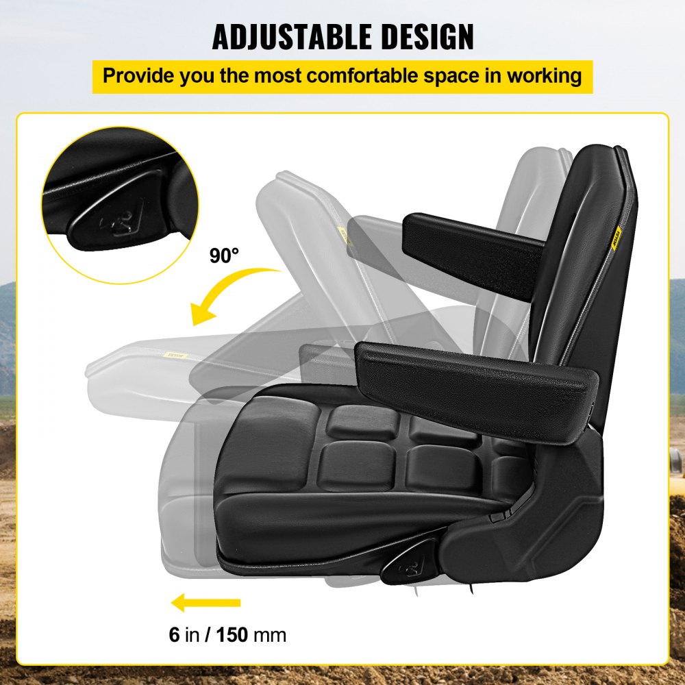 VEVOR Universal Fold Down Forklift Seat with Retractable Safety Belt, Armrest,Adjustable Seat for Excavator, Forklift, Tractor, Skid Loader, Backhoe Dozer Telehandler