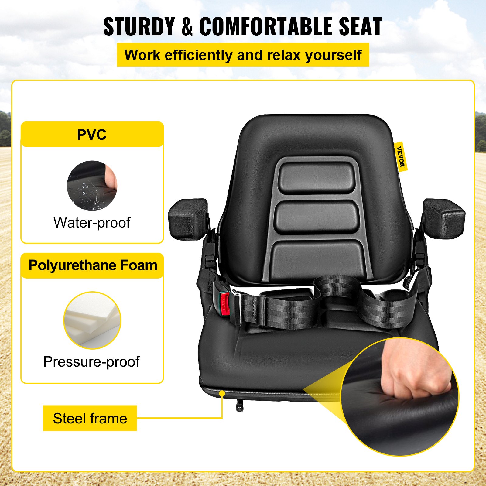 VEVOR Universal Fold Down Forklift Seat with Retractable Safety Belt, Armrest,Adjustable Seat for Excavator, Forklift, Tractor, Skid Loader, Backhoe Dozer Telehandler