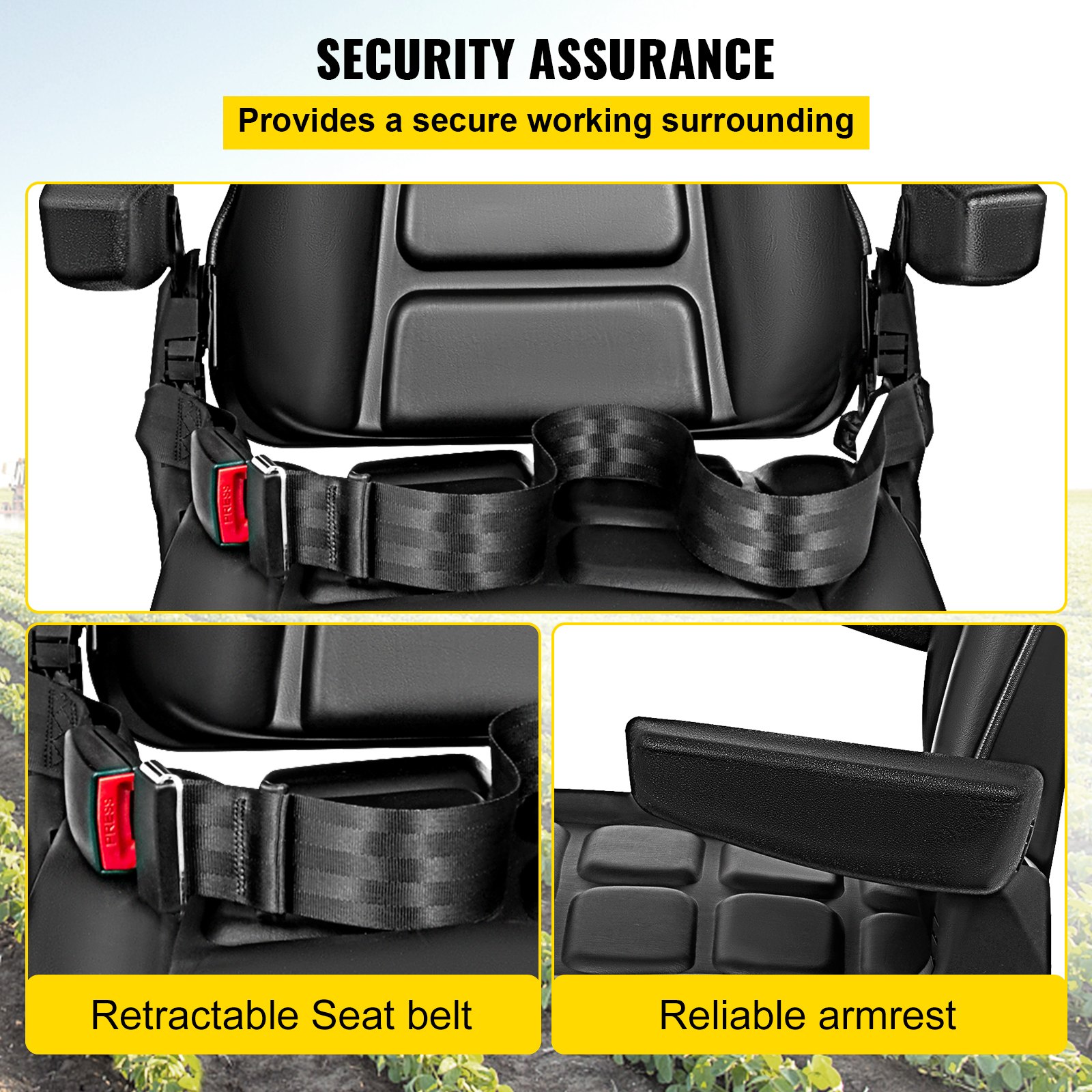 VEVOR Universal Fold Down Forklift Seat with Retractable Safety Belt, Armrest,Adjustable Seat for Excavator, Forklift, Tractor, Skid Loader, Backhoe Dozer Telehandler
