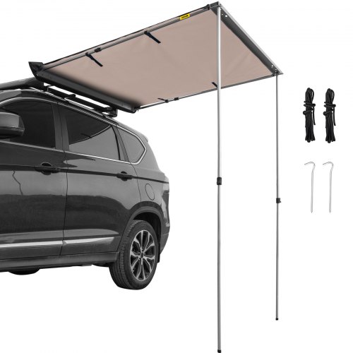 VEVOR Toldo lateral para coche, 8.2'x6.5', toldo retráctil extraíble para vehículo, impermeable UV50+, postes telescópicos, parasol para remolque, tienda de campaña en la azotea con bolsa de transporte para Jeep/SUV/camión/furgoneta, viajes de camping al aire libre, color caqui
