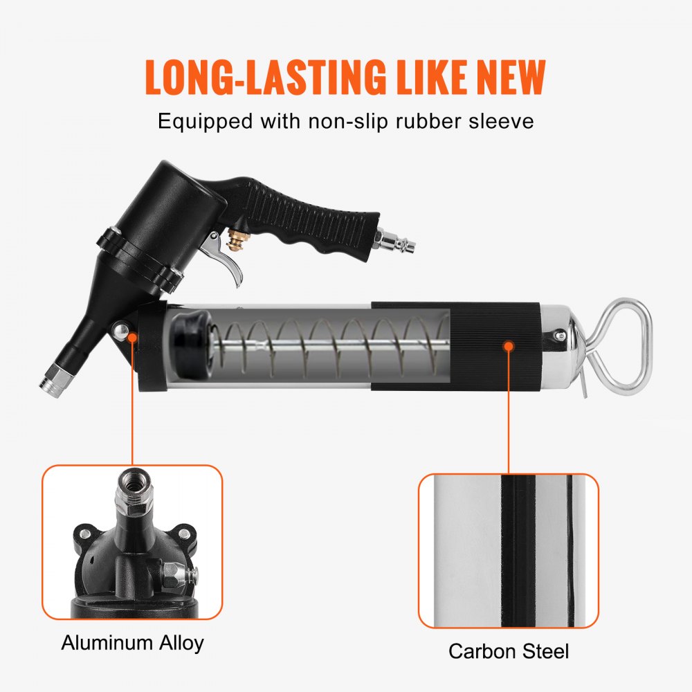 VEVOR Air Operated Grease Gun, 6000PSI, 14 OZ/400 CC Capacity Heavy Duty Pneumatic Grease Gun, with 18.5 Inch Flexible Hose, 1 Black Flat Coupler Pointed Coupler Bent Metal Pipe Locking Clamp Coupler