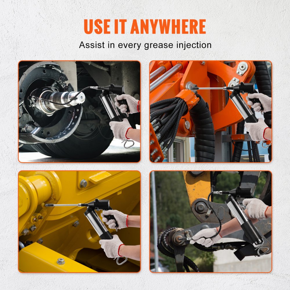 VEVOR Air Operated Grease Gun, 6000PSI, 14 OZ/400 CC Capacity Heavy Duty Pneumatic Grease Gun, with 18.5 Inch Flexible Hose, 1 Black Flat Coupler Pointed Coupler Bent Metal Pipe Locking Clamp Coupler