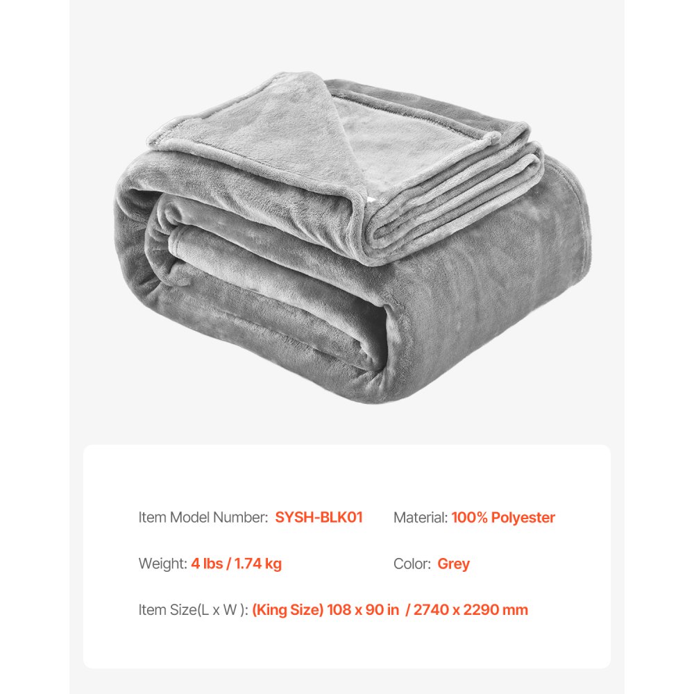 VEVOR King Size Blanket, 108 x 90 inches, Lightweight and Fuzzy Throw Blanket for Bed, Cozy Grey King Blanket for All Season, Warm Plush Machine Washable Bedding, Grey