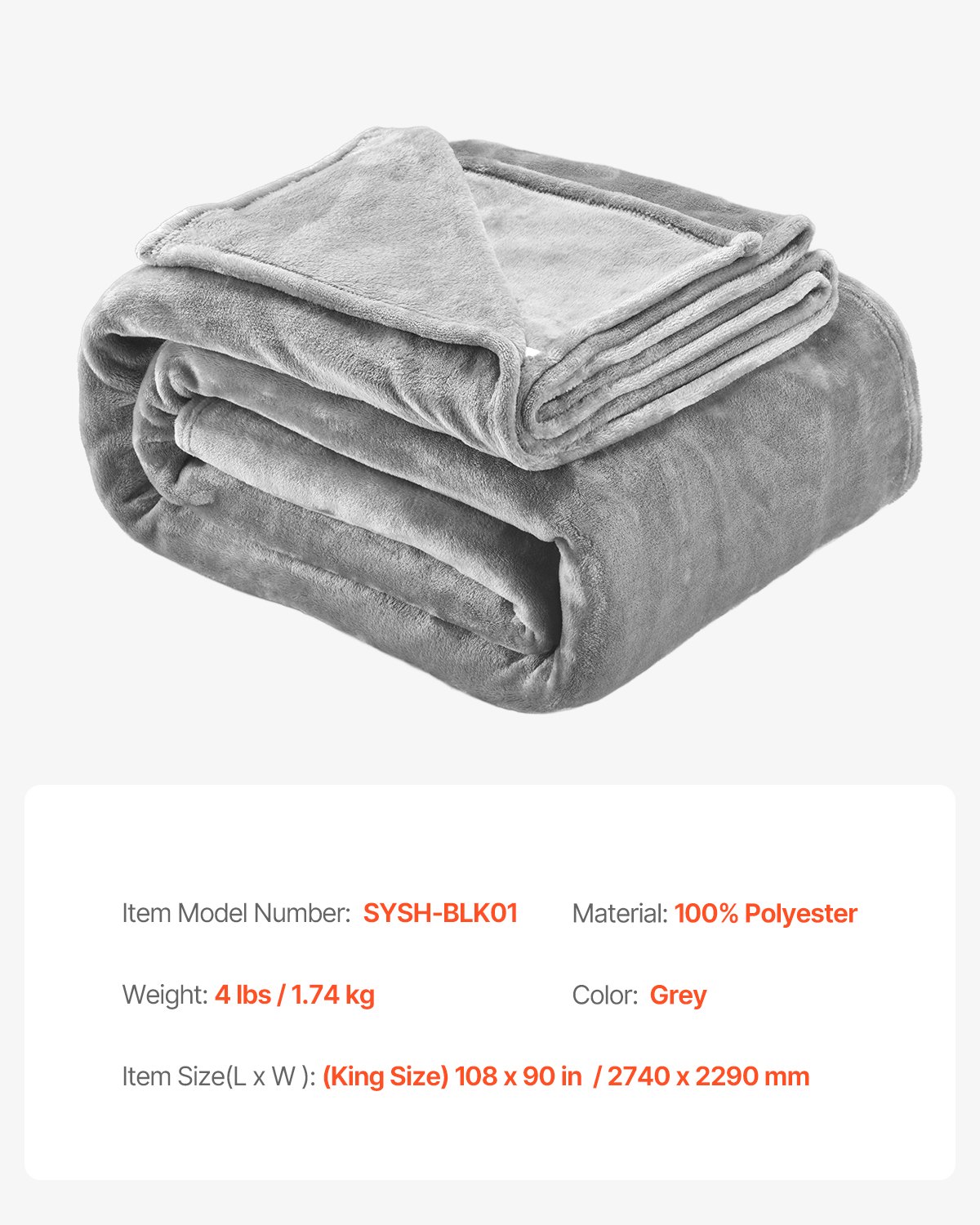 VEVOR King Size Blanket, 108 x 90 inches, Lightweight and Fuzzy Throw Blanket for Bed, Cozy Grey King Blanket for All Season, Warm Plush Machine Washable Bedding, Grey