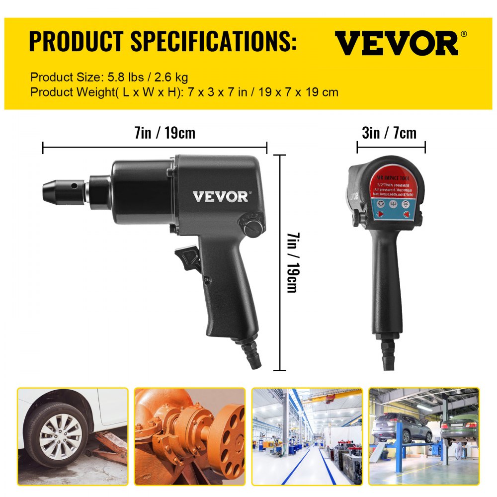 VEVOR 1/2" Twin Hammer Heavy Duty Air Impact Wrench Max Torque 660Nm