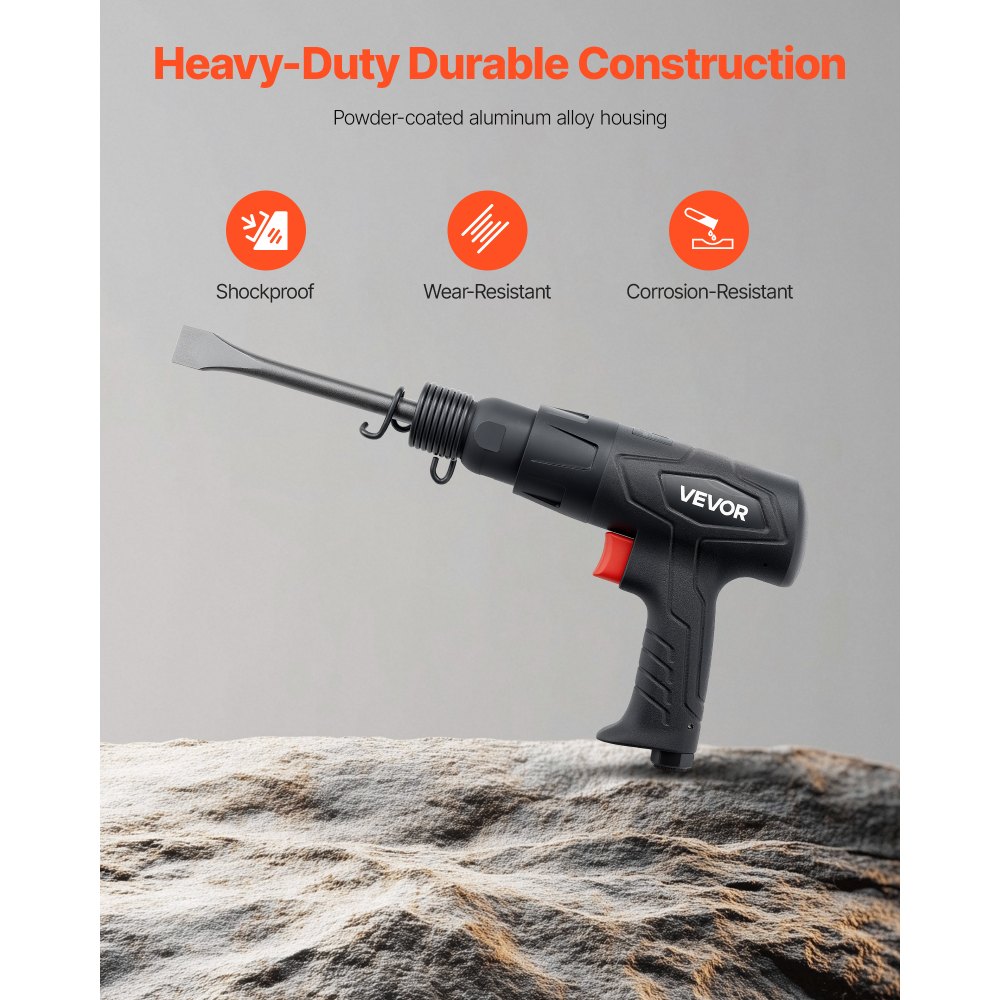 VEVOR Air Hammer, 2500-2700BPM Pneumatic Hammer with 70mm Stroke & 4PCS 170mm Long Barrel Chisels, Pistol-Grip Compact Air Chisel Pneumatic Shovel Tool for Cutting Scraping Demolishing
