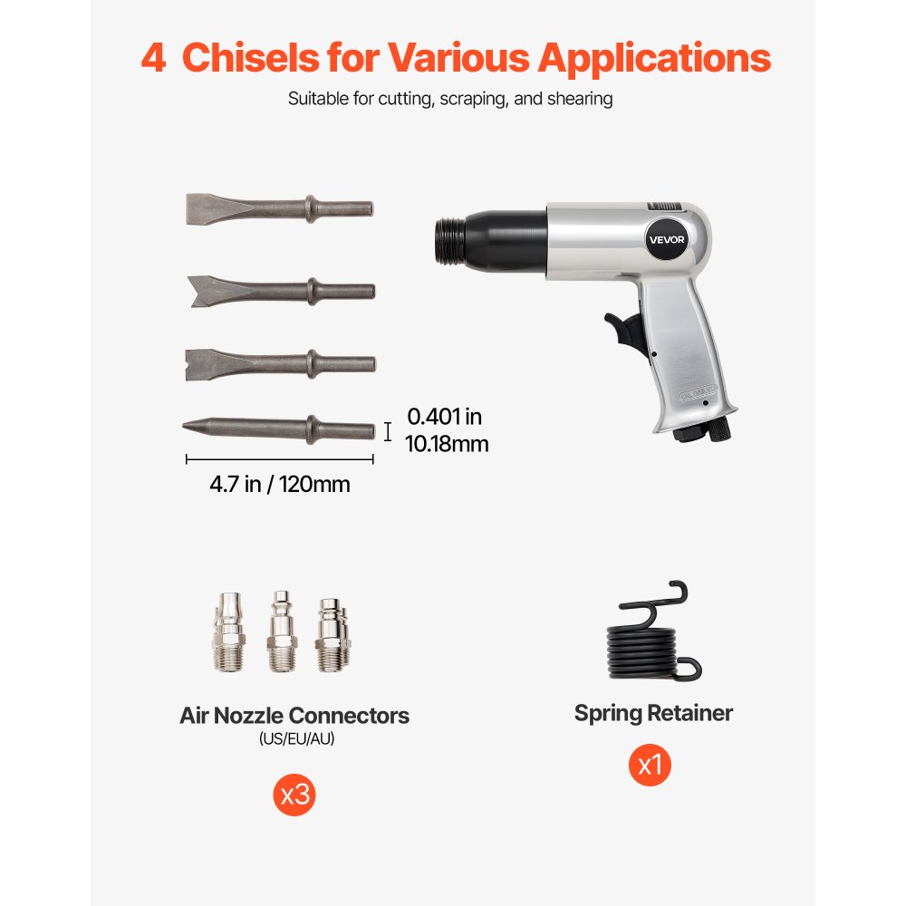 VEVOR Air Hammer, 3500BPM Pneumatic Hammer with 70mm Stroke & 4PCS Chisels Round Shank, Pistol-Grip Compact Air Chisel Pneumatic Shovel Tool for Cutting Punching Scraping