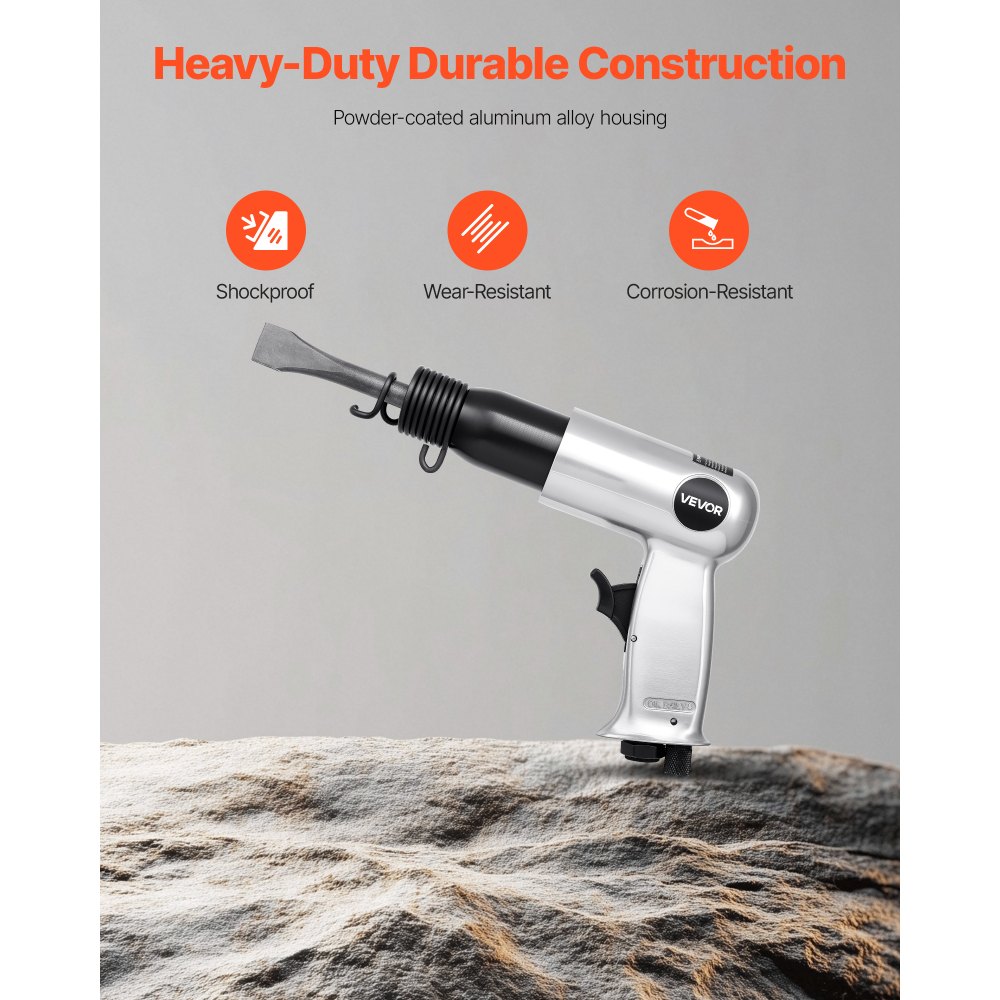 VEVOR Air Hammer, 3500BPM Pneumatic Hammer with 70mm Stroke & 4PCS Chisels Round Shank, Pistol-Grip Compact Air Chisel Pneumatic Shovel Tool for Cutting Punching Scraping