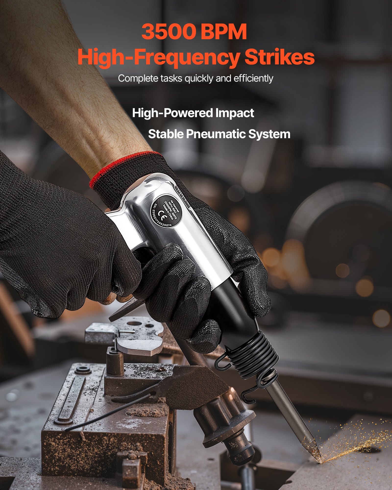 VEVOR Air Hammer, 3500BPM Pneumatic Hammer with 70mm Stroke & 4PCS Chisels Round Shank, Pistol-Grip Compact Air Chisel Pneumatic Shovel Tool for Cutting Punching Scraping