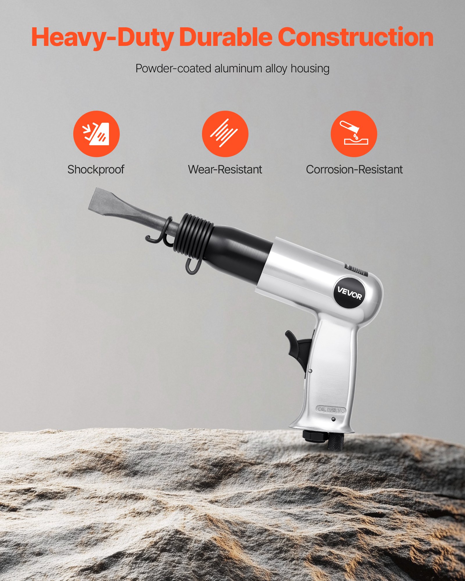 VEVOR Air Hammer, 3500BPM Pneumatic Hammer with 70mm Stroke & 4PCS Chisels Round Shank, Pistol-Grip Compact Air Chisel Pneumatic Shovel Tool for Cutting Punching Scraping