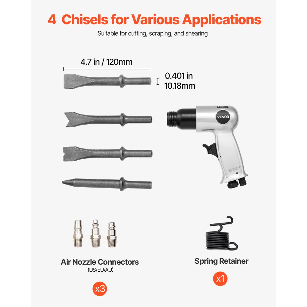 VEVOR Air Hammer, 4500BPM Pneumatic Hammer with 40mm Stroke & 4PCS Chisels Round Shank, Lightweight & Compact Air Chisel Pneumatic Shovel Tool for Cutting Punching Scraping