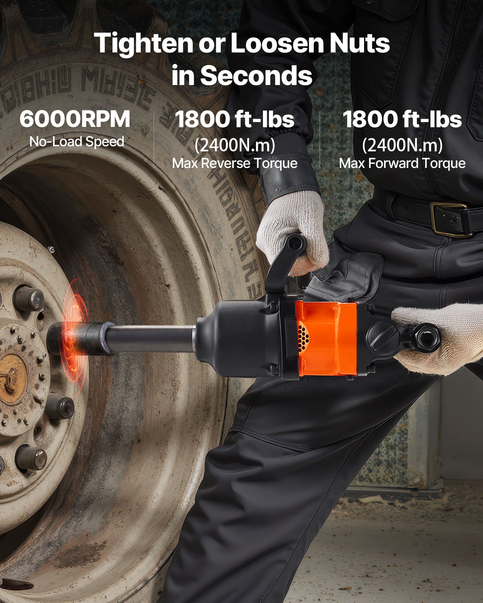 VEVOR 1 Inch Air Impact Wrench, Up to 1800 ft-lbs Nut-Busting Torque, 18.7 lbs Lightweight Pneumatic Impact Gun with 6" Extended Anvil for Heavy Duty Repairs and Maintenance