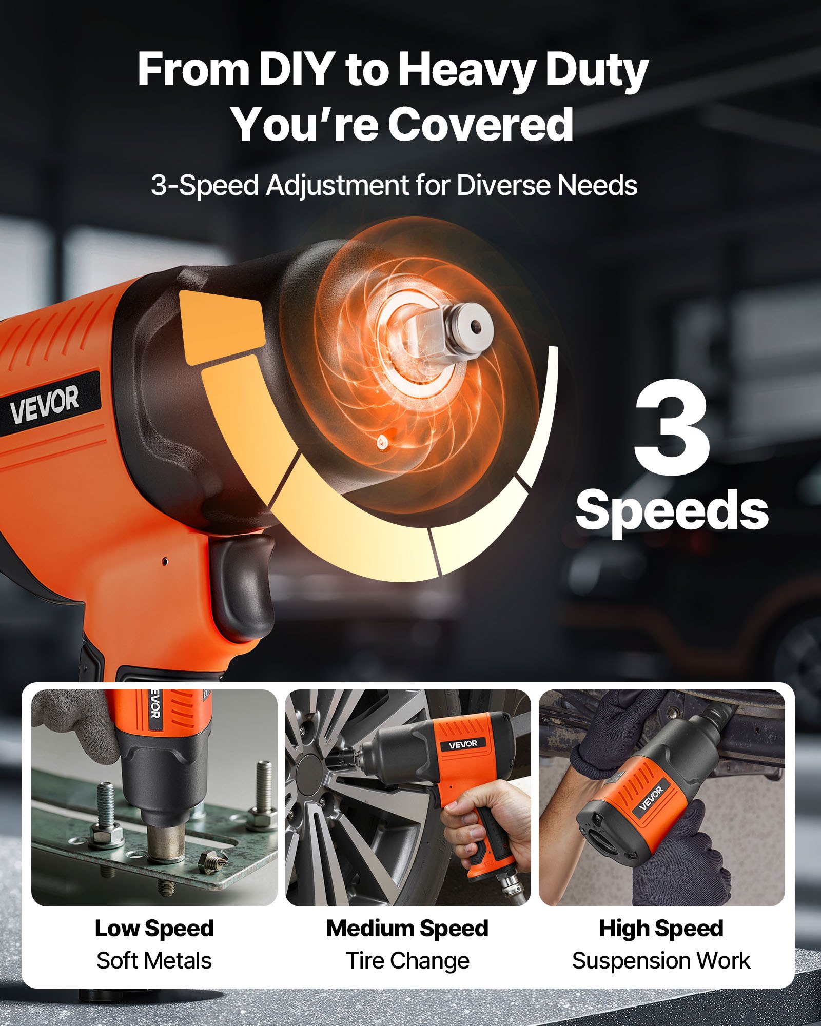 VEVOR Air Impact Wrench, 1/2" Drive Pneumatic Impact Wrench Up to 1490N.m Reverse Torque, 7500RPM 4-Speed Adjustable & Lightweight Pneumatic Gun for Auto Repairs and Maintenance