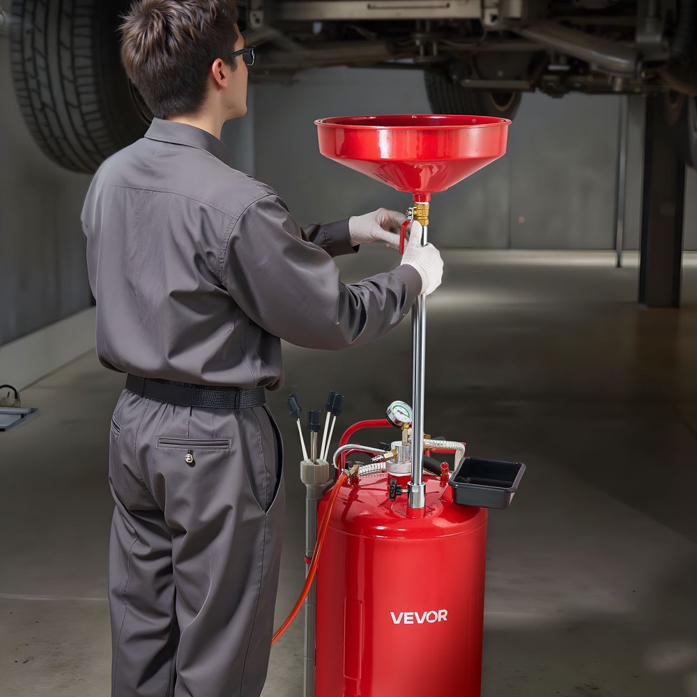 VEVOR 79.5L Waste Oil Drain Tank, Air Operated Portable Oil Drainer with Adjustable Funnel Height, Industrial Fluid Drain Tank with Wheels, Fluid Fuel Transfer Drainage for Auto Repair Shops, Red