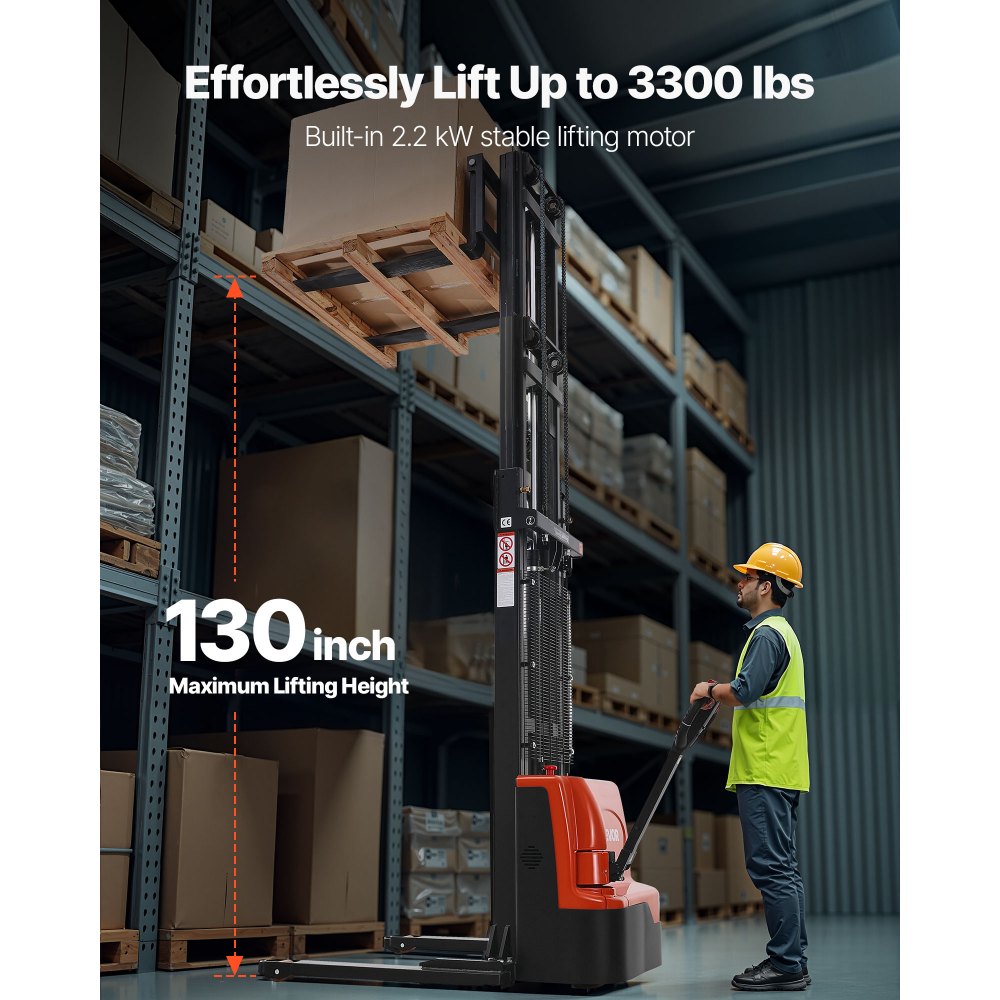 VEVOR Full Electric Pallet Stacker, 3300 lbs Capacity, Pallet Lift Stacker Forklift with Straddle Legs & Forks, 127.6 Inches Lifting Height & 8.66-31.1 Inches Adjustable Fork Width, Orange & Black