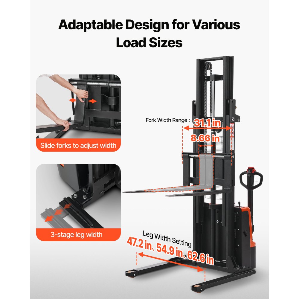 VEVOR Full Electric Pallet Stacker, 3300 lbs Capacity, Pallet Lift Stacker Forklift with Straddle Legs & Forks, 127.6 Inches Lifting Height & 8.66-31.1 Inches Adjustable Fork Width, Orange & Black
