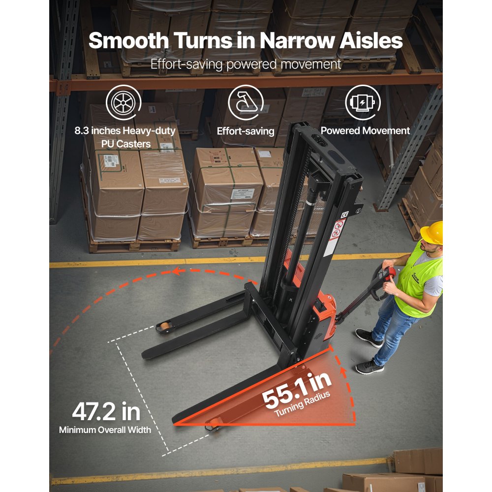 VEVOR Full Electric Pallet Stacker, 3300 lbs Capacity, Pallet Lift Stacker Forklift with Straddle Legs & Forks, 127.6 Inches Lifting Height & 8.66-31.1 Inches Adjustable Fork Width, Orange & Black