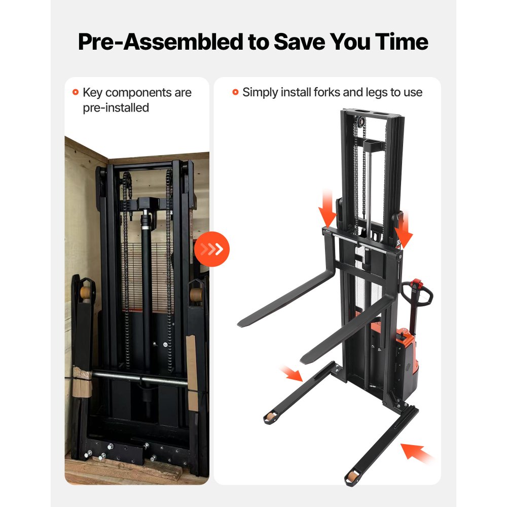 VEVOR Full Electric Pallet Stacker, 3300 lbs Capacity, Pallet Lift Stacker Forklift with Straddle Legs & Forks, 127.6 Inches Lifting Height & 8.66-31.1 Inches Adjustable Fork Width, Orange & Black