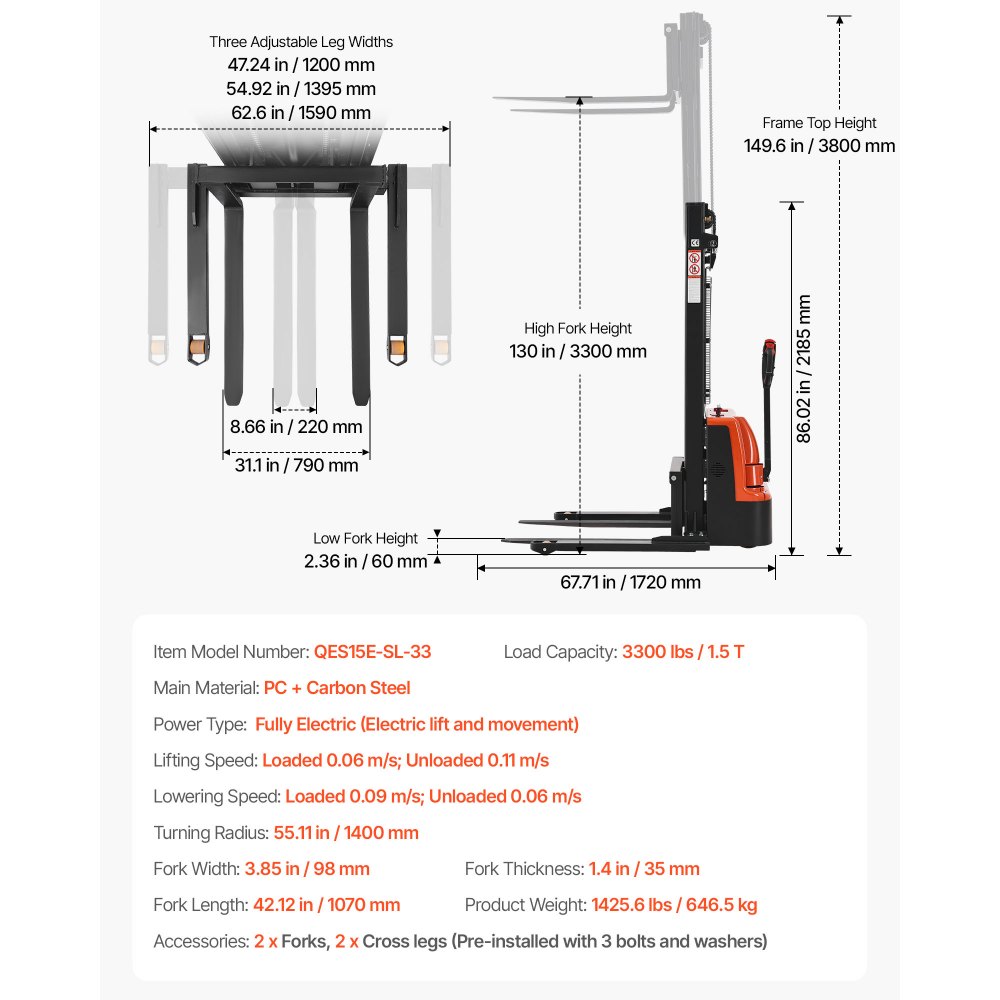 VEVOR Full Electric Pallet Stacker, 3300 lbs Capacity, Pallet Lift Stacker Forklift with Straddle Legs & Forks, 127.6 Inches Lifting Height & 8.66-31.1 Inches Adjustable Fork Width, Orange & Black