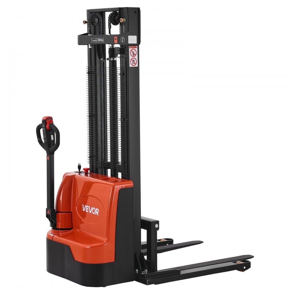 VEVOR Full Electric Pallet Stacker, 3300 lbs Capacity, Pallet Lift Stacker Forklift with Straddle Legs & Forks, 127.6 Inches Lifting Height & 8.66-31.1 Inches Adjustable Fork Width, Orange & Black