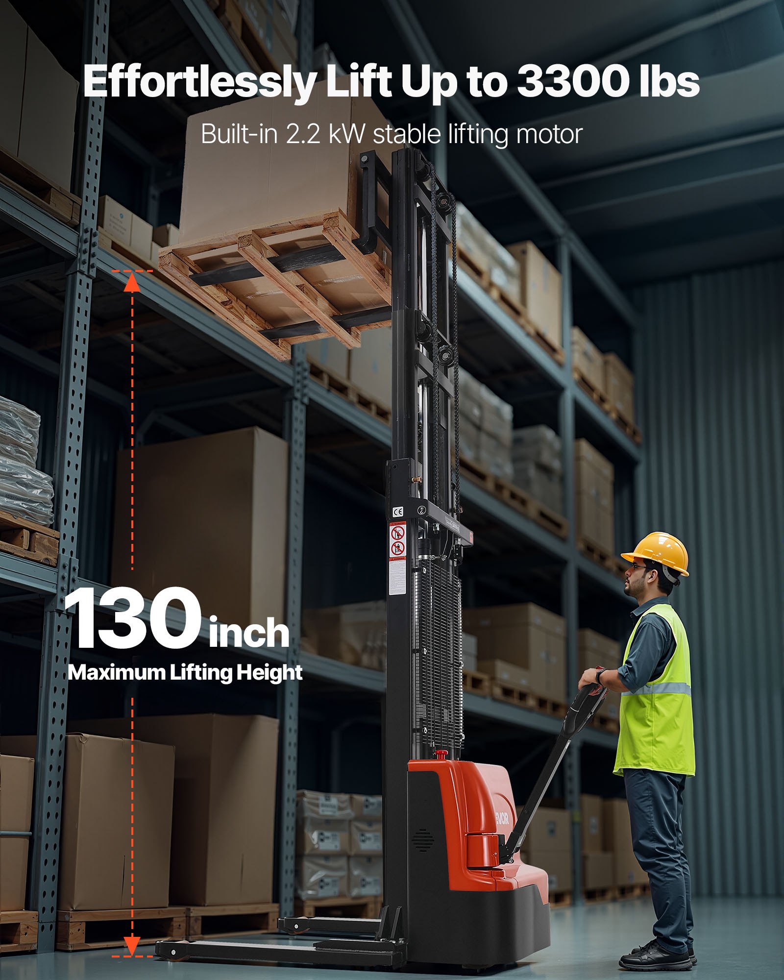 VEVOR Full Electric Pallet Stacker, 3300 lbs Capacity, Pallet Lift Stacker Forklift with Straddle Legs & Forks, 127.6 Inches Lifting Height & 8.66-31.1 Inches Adjustable Fork Width, Orange & Black