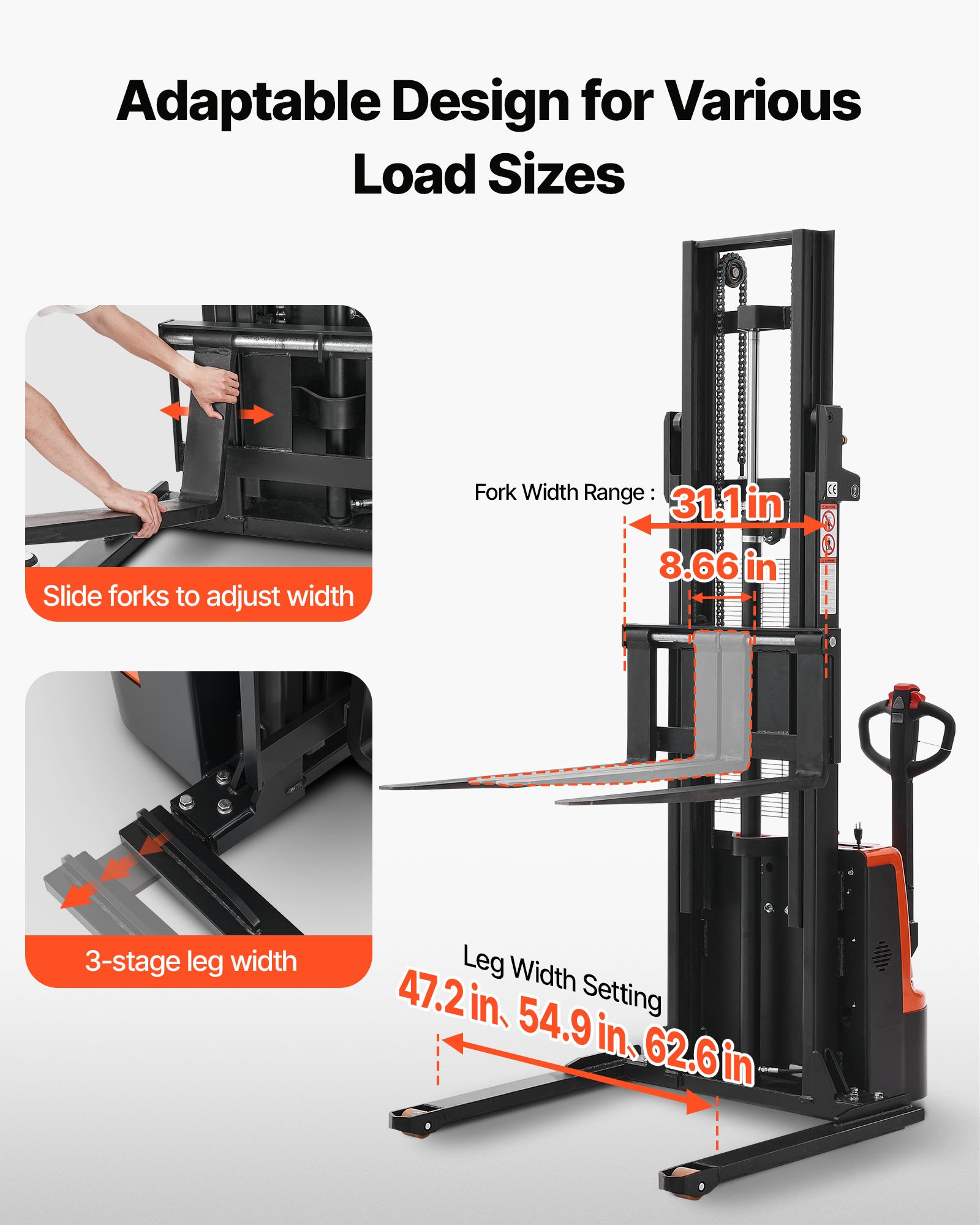 VEVOR Full Electric Pallet Stacker, 3300 lbs Capacity, Pallet Lift Stacker Forklift with Straddle Legs & Forks, 127.6 Inches Lifting Height & 8.66-31.1 Inches Adjustable Fork Width, Orange & Black