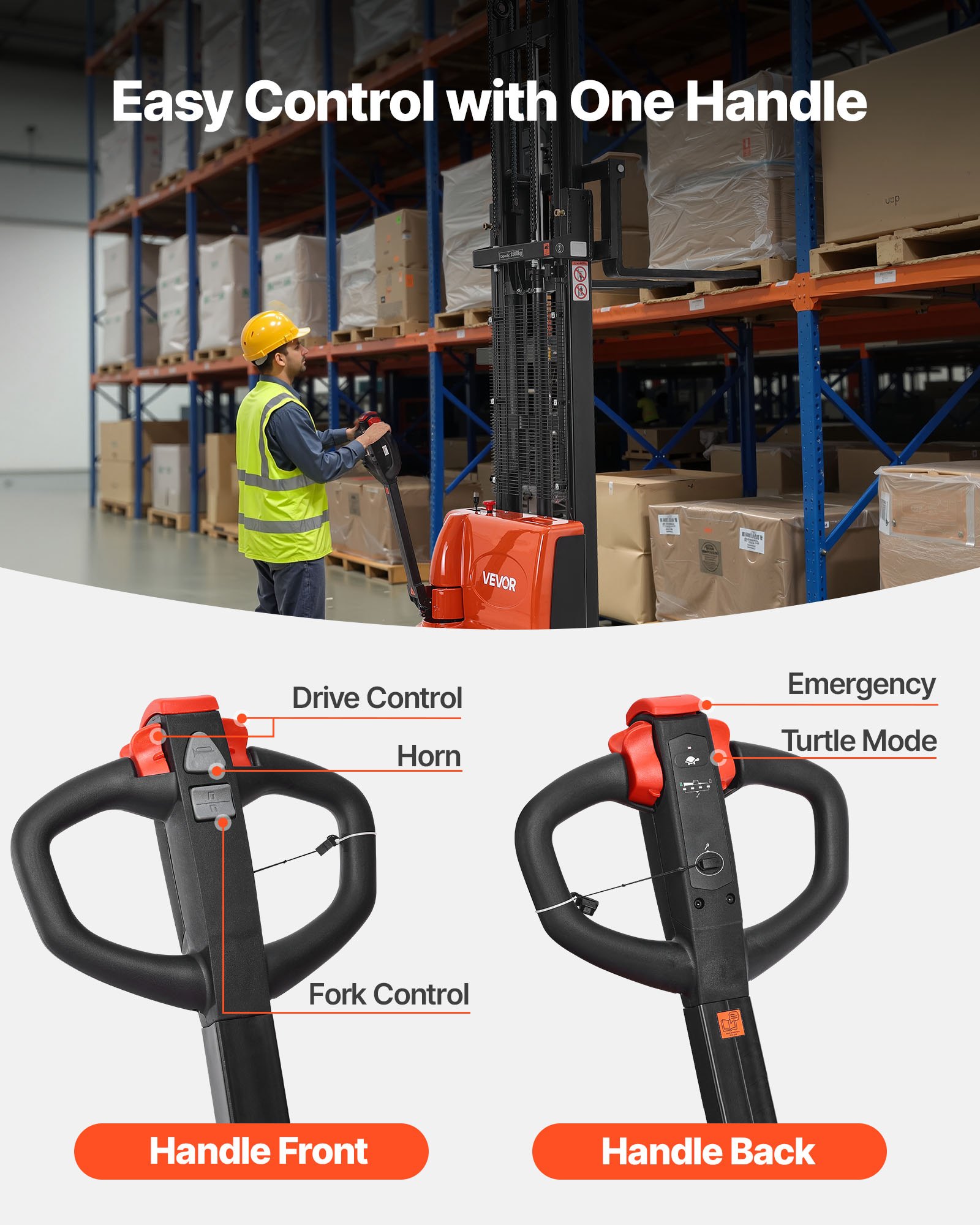 VEVOR Full Electric Pallet Stacker, 3300 lbs Capacity, Pallet Lift Stacker Forklift with Straddle Legs & Forks, 127.6 Inches Lifting Height & 8.66-31.1 Inches Adjustable Fork Width, Orange & Black