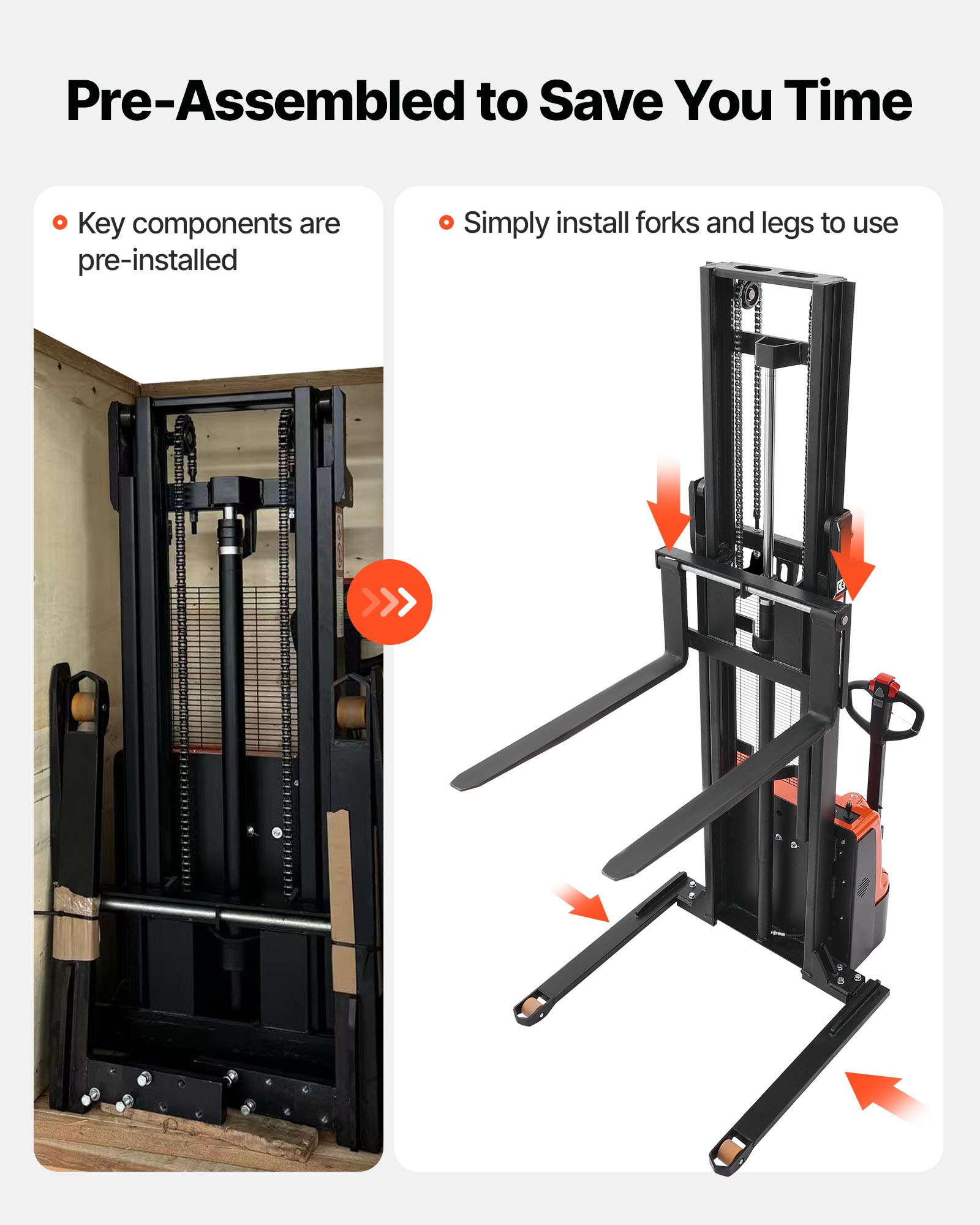 VEVOR Full Electric Pallet Stacker, 3300 lbs Capacity, Pallet Lift Stacker Forklift with Straddle Legs & Forks, 127.6 Inches Lifting Height & 8.66-31.1 Inches Adjustable Fork Width, Orange & Black