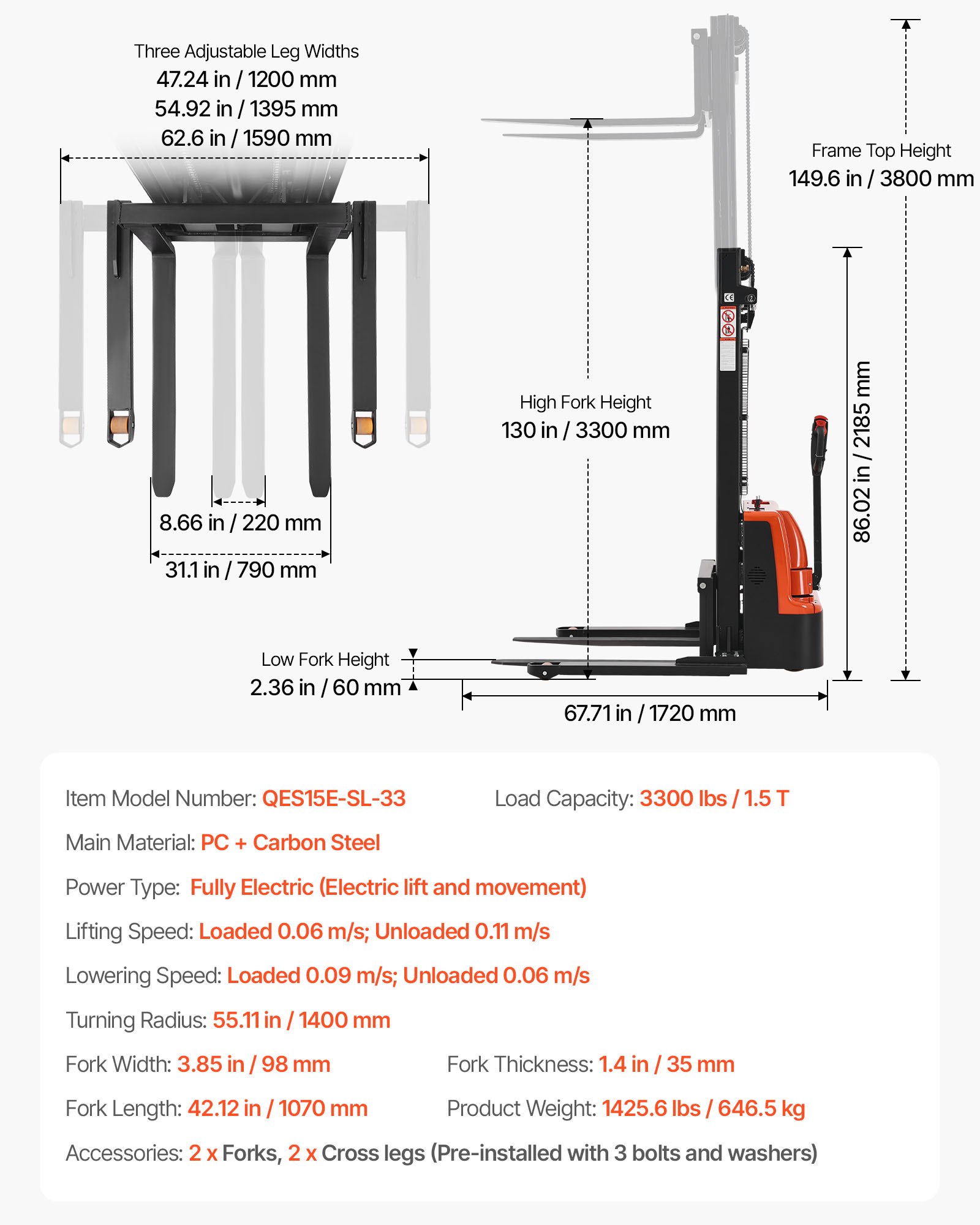 VEVOR Full Electric Pallet Stacker, 3300 lbs Capacity, Pallet Lift Stacker Forklift with Straddle Legs & Forks, 127.6 Inches Lifting Height & 8.66-31.1 Inches Adjustable Fork Width, Orange & Black