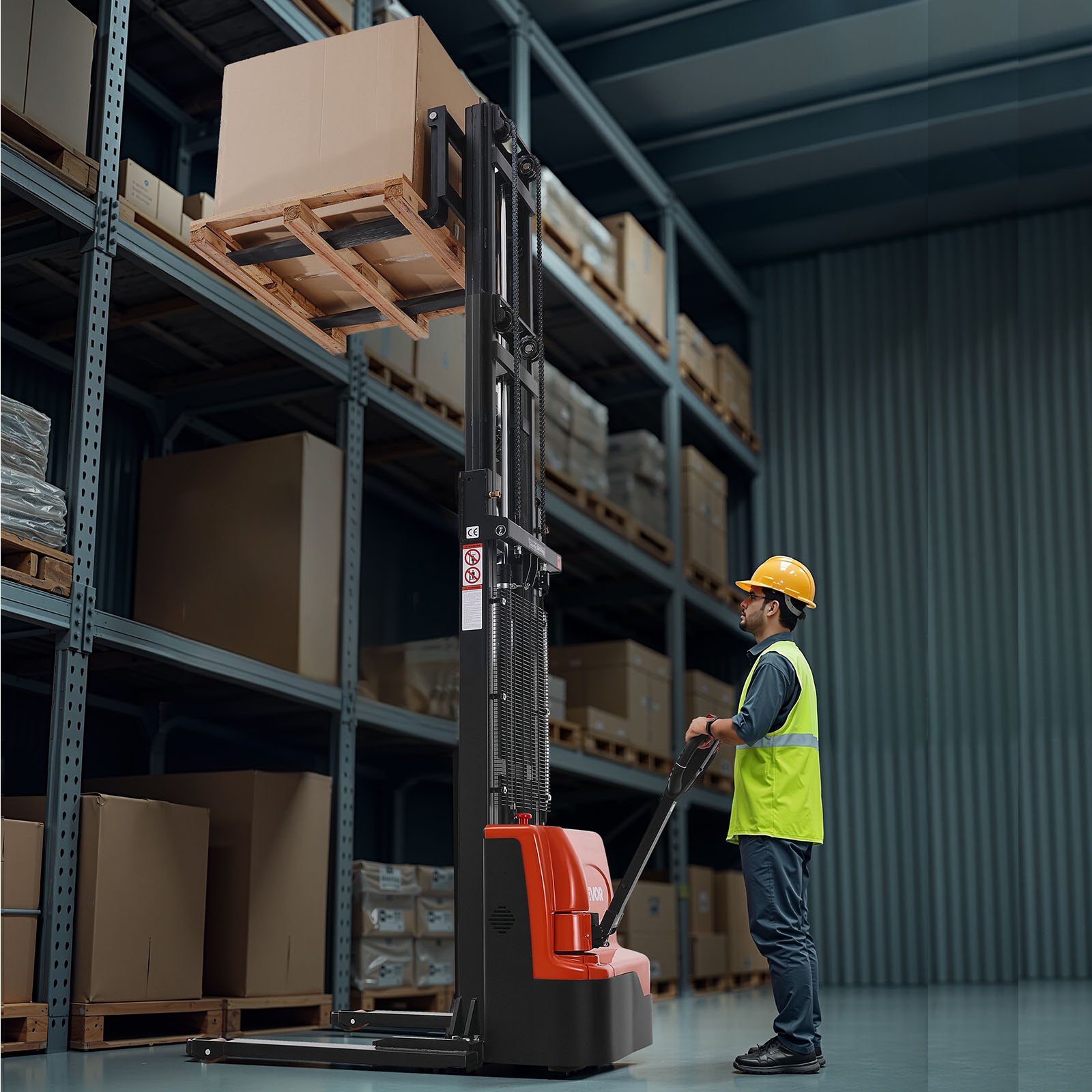 VEVOR Full Electric Pallet Stacker, 3300 lbs Capacity, Pallet Lift Stacker Forklift with Straddle Legs & Forks, 127.6 Inches Lifting Height & 8.66-31.1 Inches Adjustable Fork Width, Orange & Black