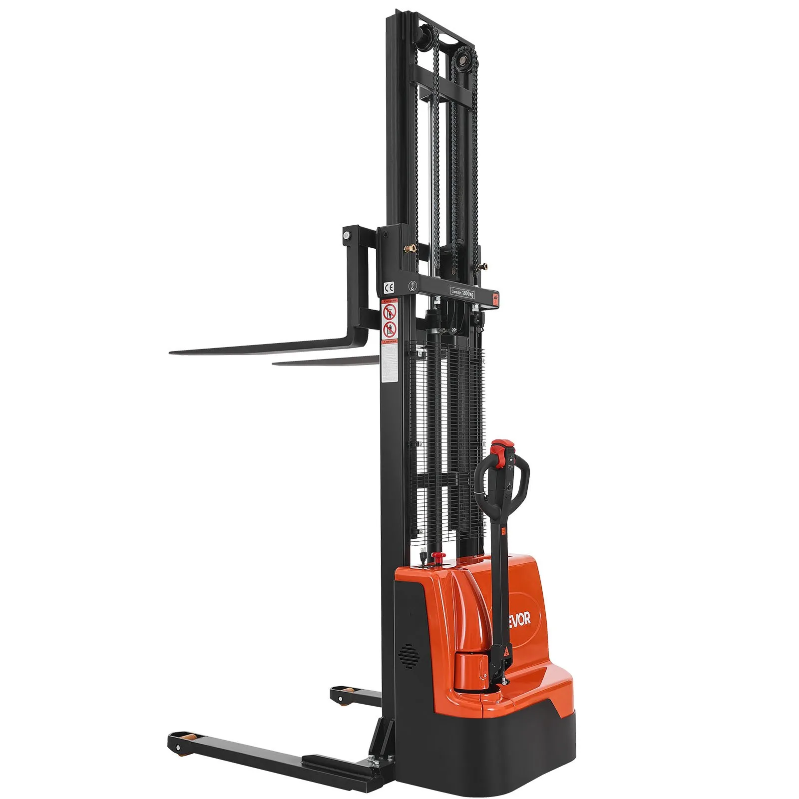 VEVOR Full Electric Pallet Stacker, 3300 lbs Capacity, Pallet Lift Stacker Forklift with Straddle Legs & Forks, 127.6 Inches Lifting Height & 8.66-31.1 Inches Adjustable Fork Width, Orange & Black