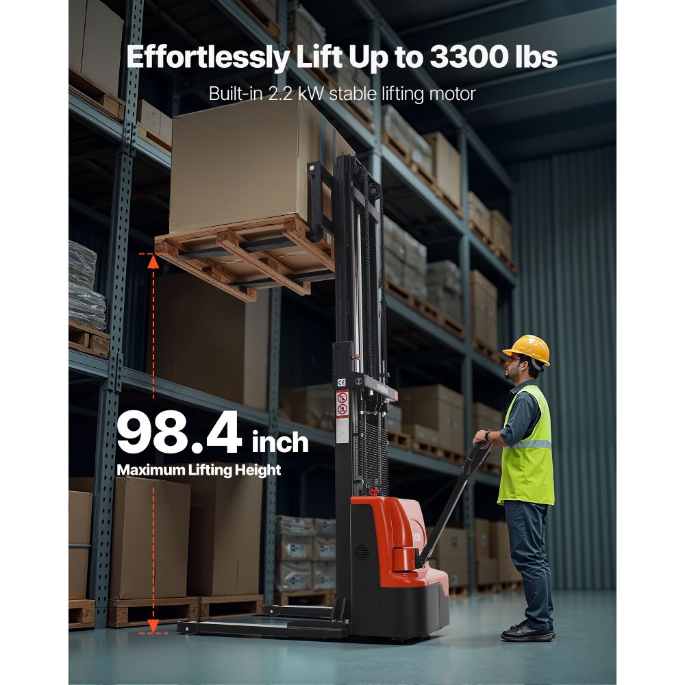 VEVOR Full Electric Pallet Stacker, 3300 lbs Capacity, Pallet Lift Stacker Forklift with Straddle Legs & Forks, 96.06 Inches Lifting Height & 8.66-31.1 Inches Adjustable Fork Width, Orange & Black
