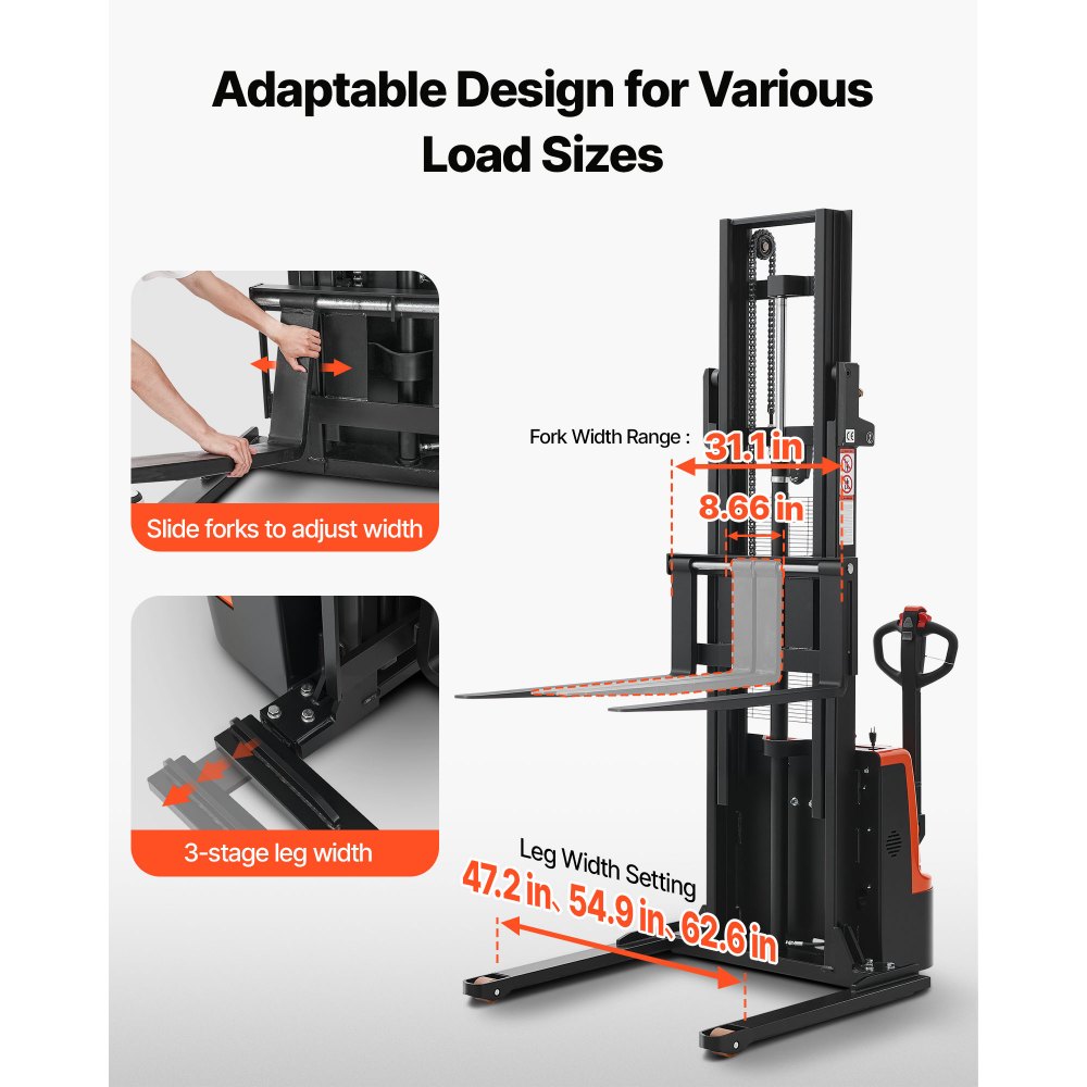 VEVOR Full Electric Pallet Stacker, 3300 lbs Capacity, Pallet Lift Stacker Forklift with Straddle Legs & Forks, 96.06 Inches Lifting Height & 8.66-31.1 Inches Adjustable Fork Width, Orange & Black