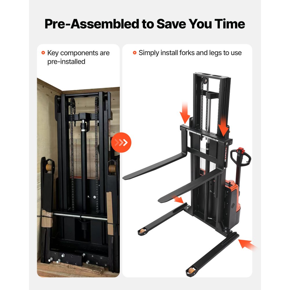 VEVOR Full Electric Pallet Stacker, 3300 lbs Capacity, Pallet Lift Stacker Forklift with Straddle Legs & Forks, 96.06 Inches Lifting Height & 8.66-31.1 Inches Adjustable Fork Width, Orange & Black