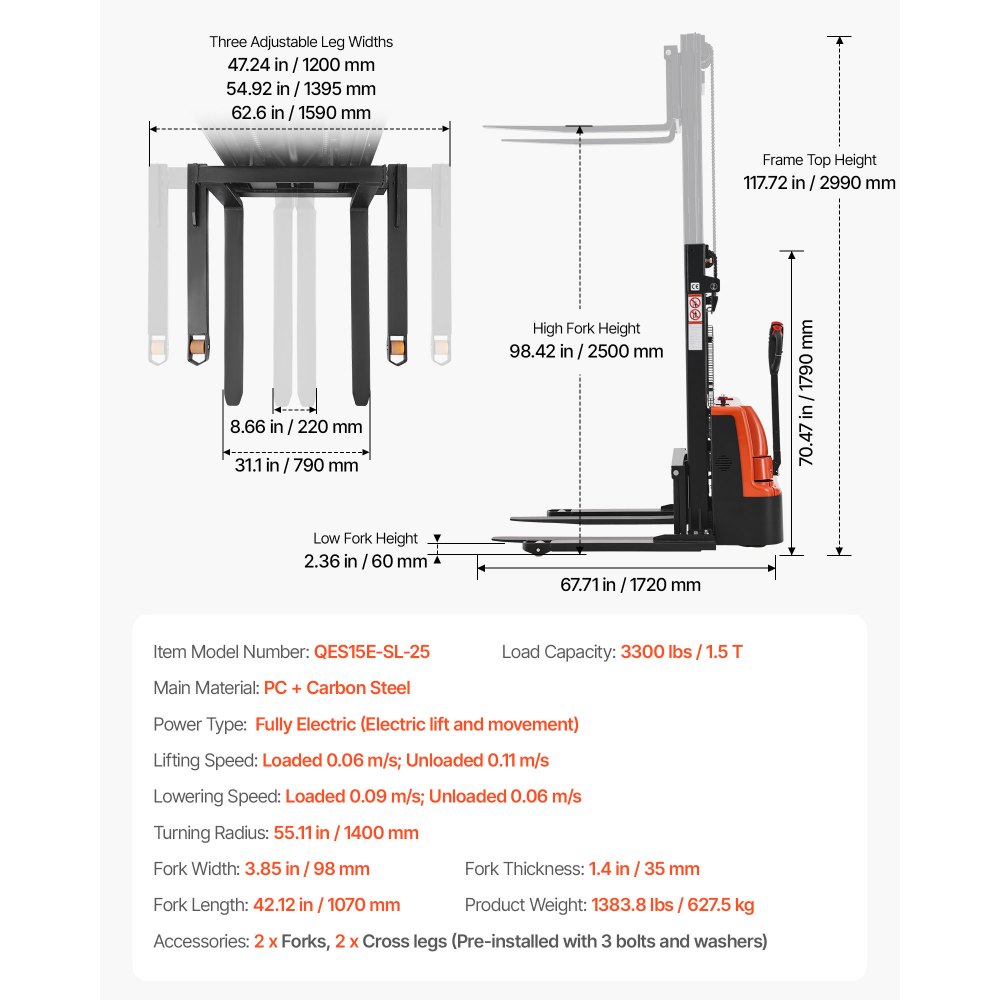 VEVOR Full Electric Pallet Stacker, 3300 lbs Capacity, Pallet Lift Stacker Forklift with Straddle Legs & Forks, 96.06 Inches Lifting Height & 8.66-31.1 Inches Adjustable Fork Width, Orange & Black