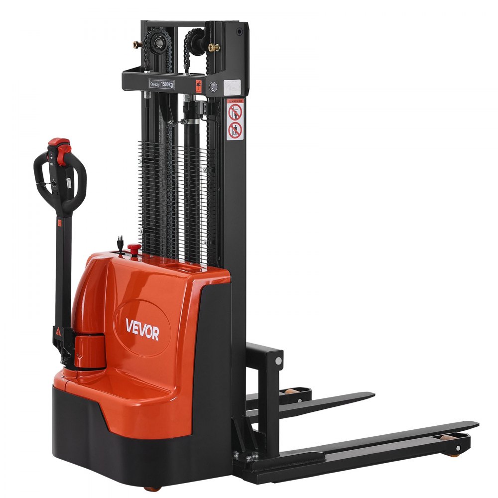 VEVOR Full Electric Pallet Stacker, 3300 lbs Capacity, Pallet Lift Stacker Forklift with Straddle Legs & Forks, 96.06 Inches Lifting Height & 8.66-31.1 Inches Adjustable Fork Width, Orange & Black