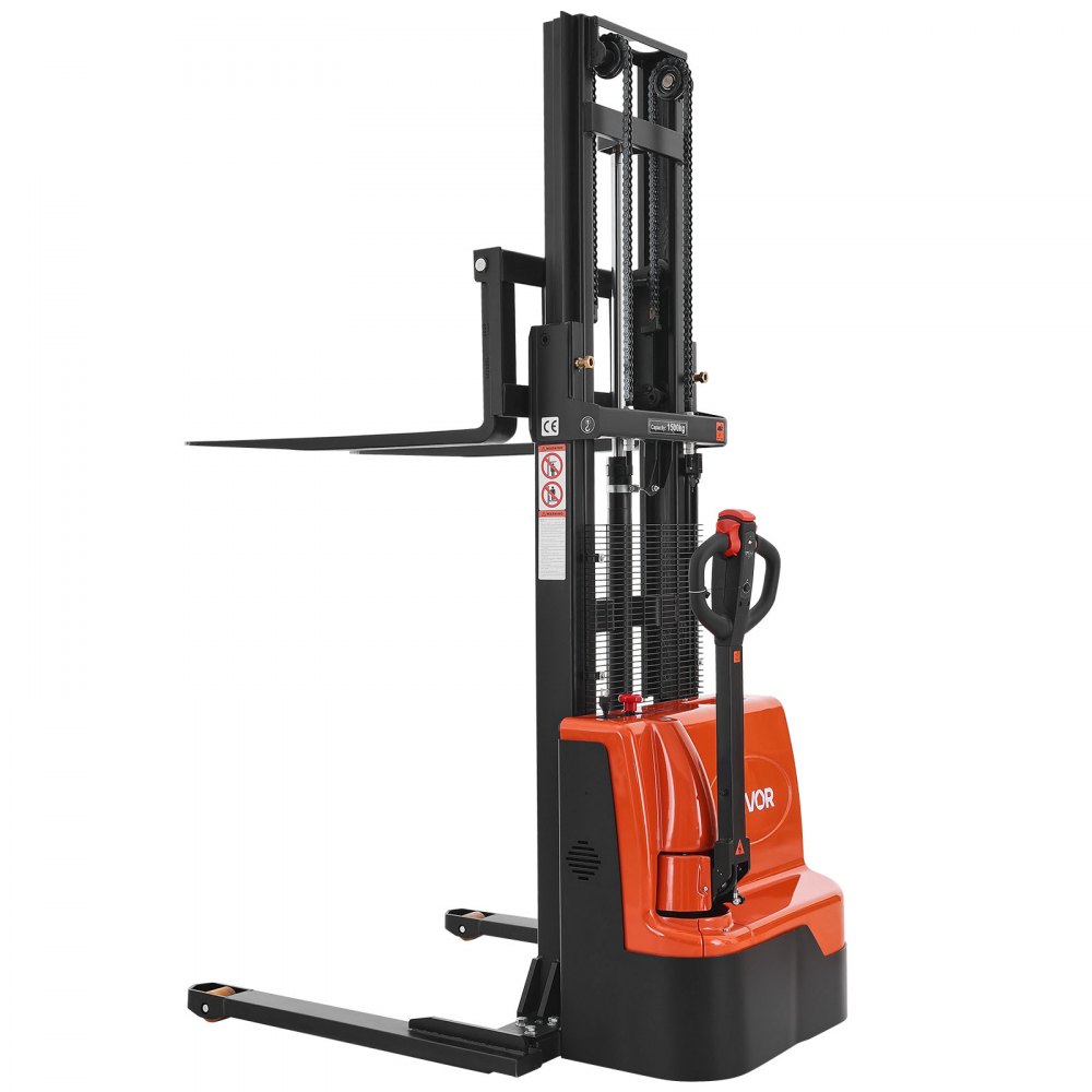 VEVOR Full Electric Pallet Stacker, 3300 lbs Capacity, Pallet Lift Stacker Forklift with Straddle Legs & Forks, 96.06 Inches Lifting Height & 8.66-31.1 Inches Adjustable Fork Width, Orange & Black